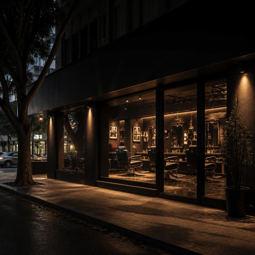 Fachada da Diego Barbearia à noite em São Paulo