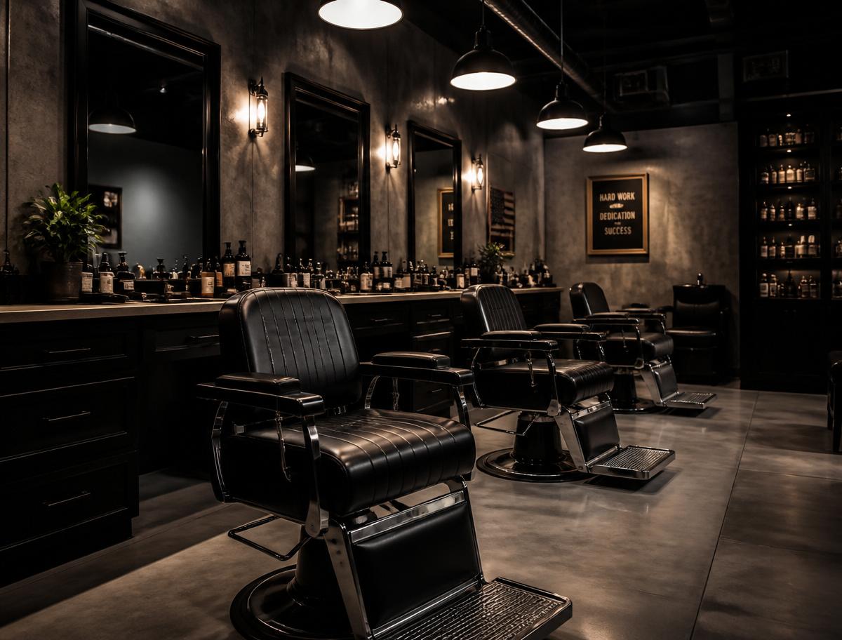 Interior sofisticado da Diego Barbearia com cadeiras de couro preto e iluminação industrial